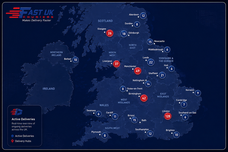 Live map of Fast UK Couriers deliveries across the UK